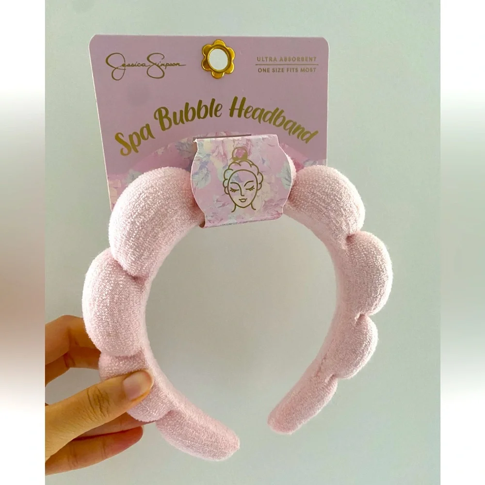 Jessica Simpson Pink plush Spa Bubble washing face Makeup Absorbent Headband NWT